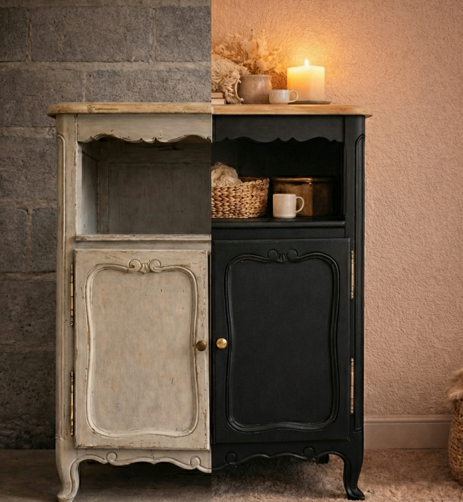 Meuble en bois rénové dans un style rustique minimaliste